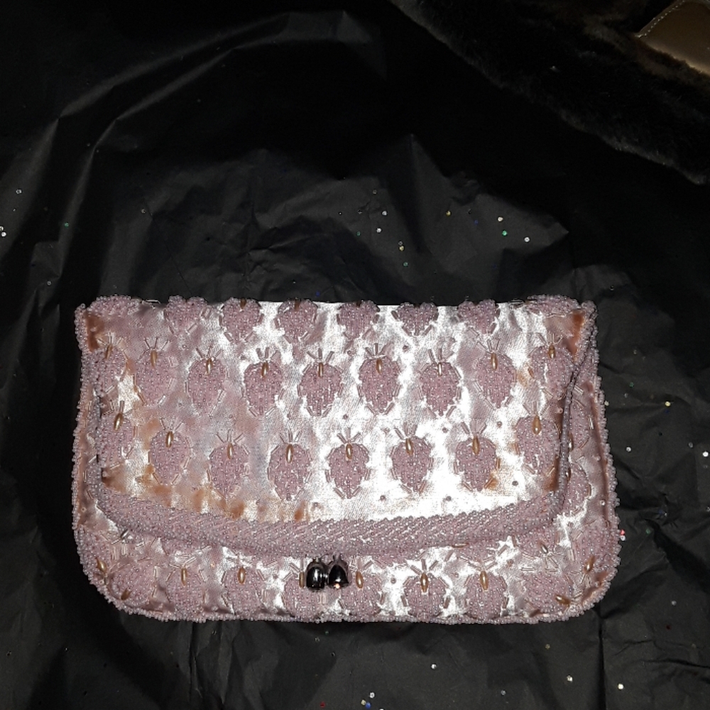Pink Beaded Foldover Snap Clutch